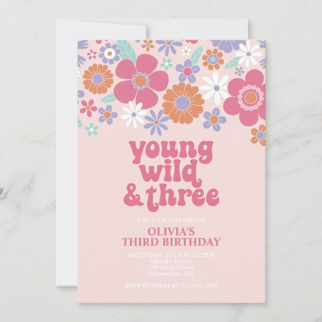 Invitación floral rosada Retro Young Wild Three (Anverso)