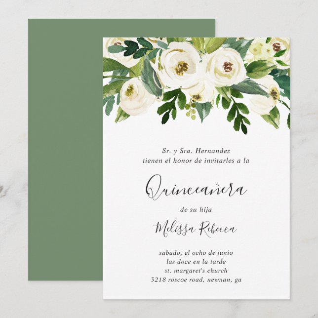 Invitación Floral Rosas Blancas Verdor Elegante Quinceañera (Anverso / Reverso)