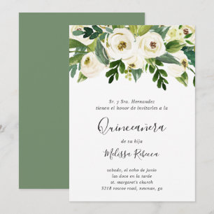 Invitación Floral Rosas Blancas Verdor Elegante Quinceañera