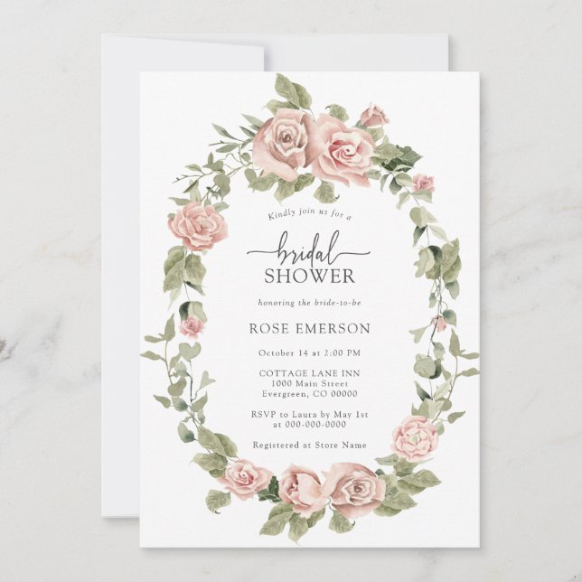 Invitación Floral rosas rosas rosas rosadas duchas de novias (Anverso)