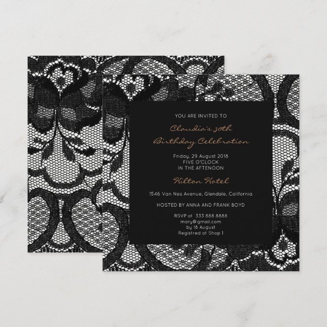 Invitación Floral Royal Black Lace Bridal Shower Fiesta (Anverso / Reverso)