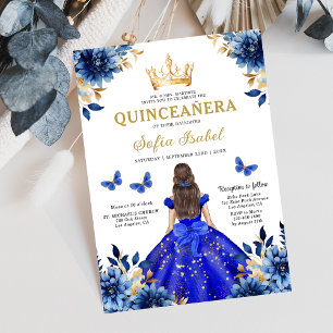 Invitación Floral Royal Blue Bilingual Español Quinceanera