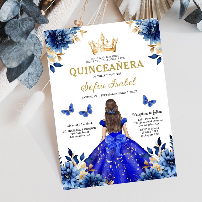 Invitación Floral Royal Blue Bilingual Español Quinceanera (Subido por el creador)