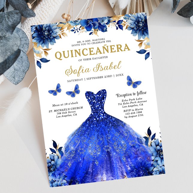 Invitación Floral Royal Blue Bilingual Español Quinceanera (Subido por el creador)