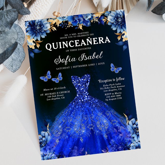 Invitación Floral Royal Blue Bilingual Español Quinceanera (Subido por el creador)