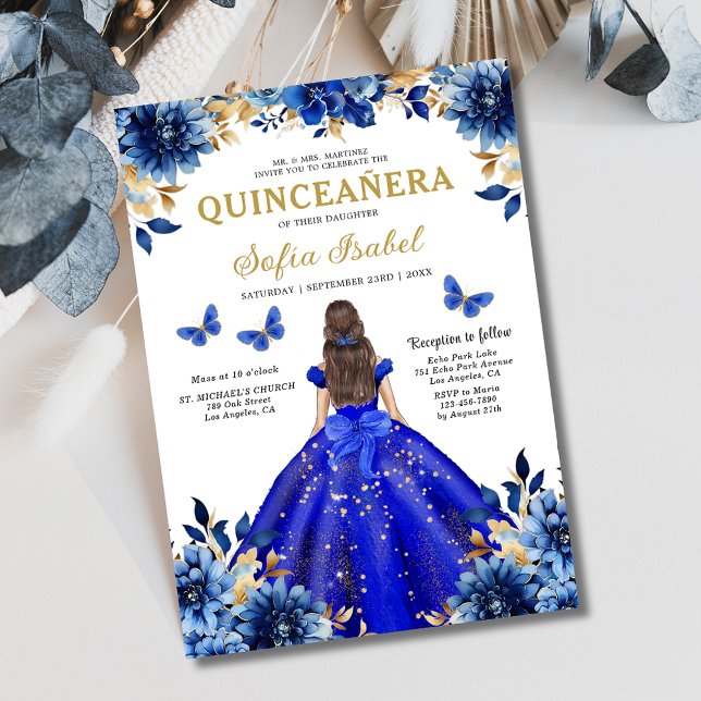 Invitación Floral Royal Blue Bilingual Español Quinceanera (Subido por el creador)