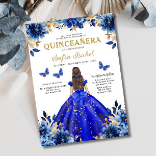 Invitación Floral Royal Blue Bilingual Español Quinceanera