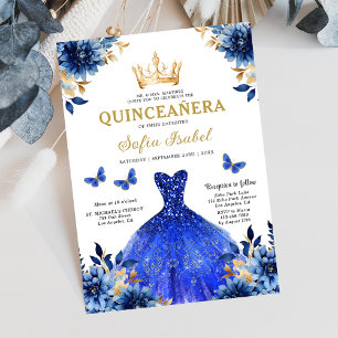 Invitación Floral Royal Blue Bilingual Español Quinceanera
