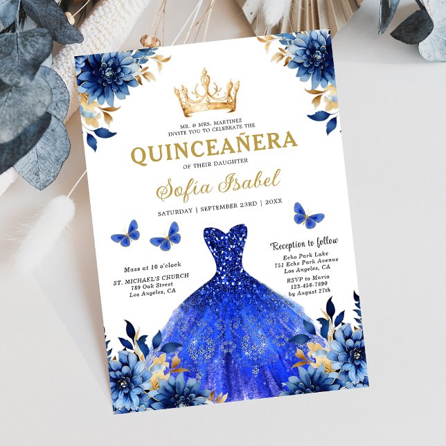 Invitación Floral Royal Blue Bilingual Español Quinceanera (Subido por el creador)