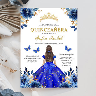 Invitación Floral Royal Blue Bilingual Español Quinceanera