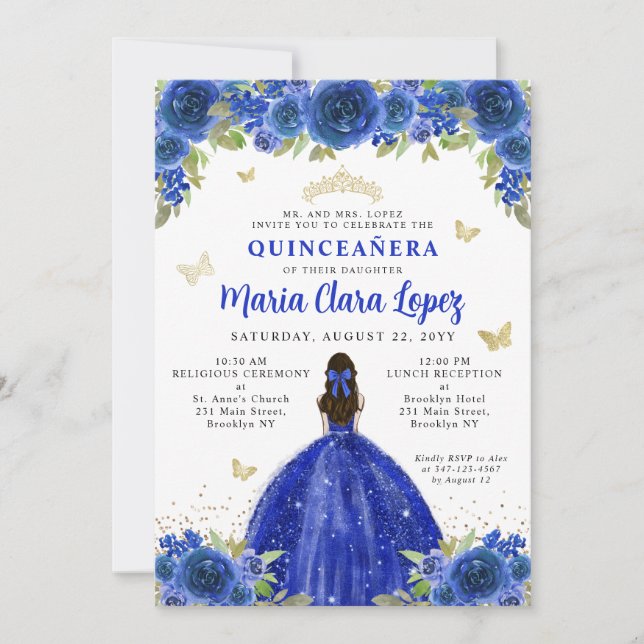 Invitación Floral Royal Blue Butterfly Princess Quinceanera (Anverso)