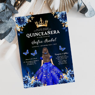 Invitación Floral Royal Blue Butterfly Princess Quinceanera