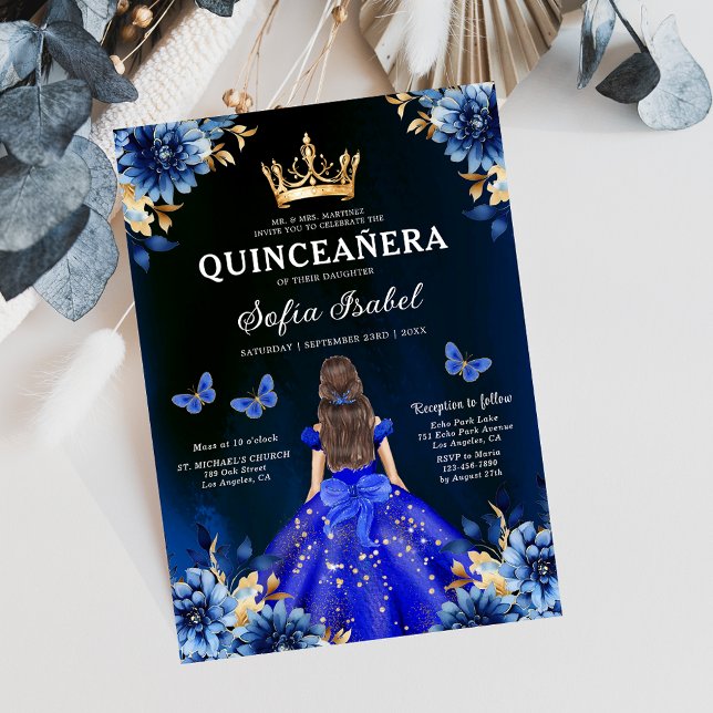 Invitación Floral Royal Blue Butterfly Princess Quinceanera (Subido por el creador)