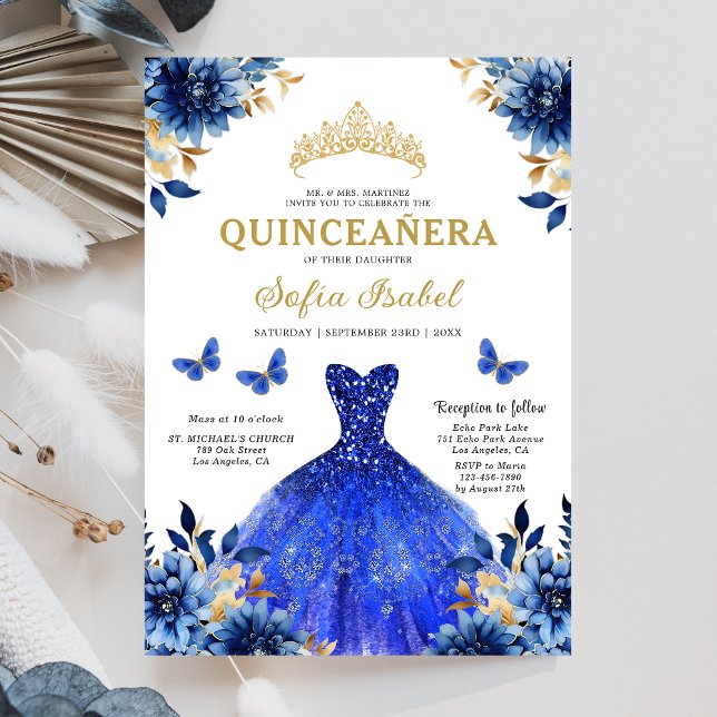 Invitación Floral Royal Blue Butterfly Princess Quinceanera (Subido por el creador)