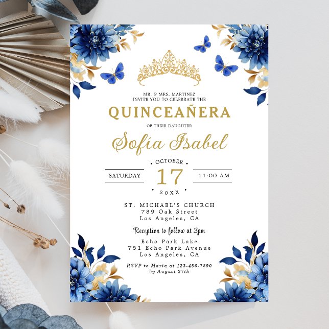 Invitación Floral Royal Blue Butterfly Princess Quinceanera (Subido por el creador)