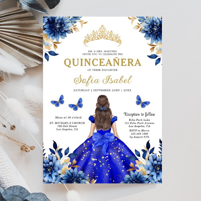 Invitación Floral Royal Blue Butterfly Princess Quinceanera (Subido por el creador)