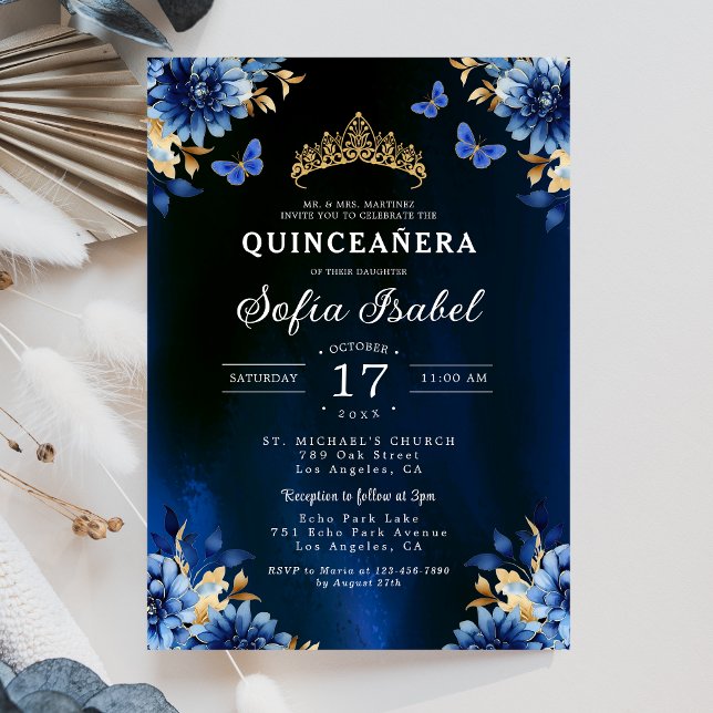Invitación Floral Royal Blue Butterfly Princess Quinceanera (Subido por el creador)