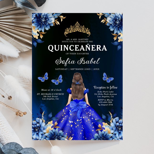 Invitación Floral Royal Blue Butterfly Princess Quinceanera (Subido por el creador)