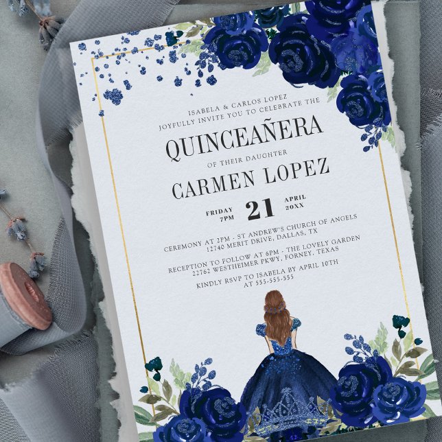Invitación Floral Royal Blue Dress Presupuesto Quinceanera (Subido por el creador)