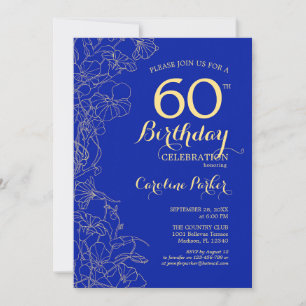 Invitación Floral Royal Blue Gold 60 cumpleaños
