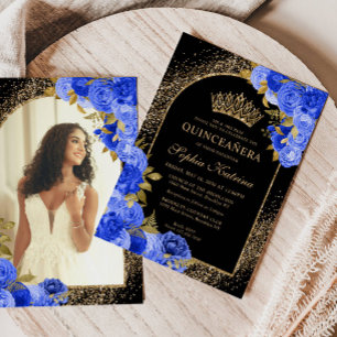 Invitación Floral Royal Blue Gold Floral Quinceanera