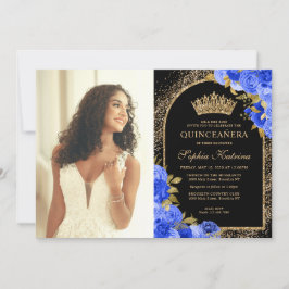 Invitación Floral Royal Blue Gold Floral Quinceanera
