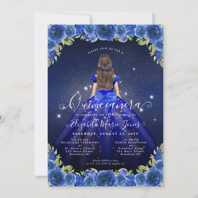 Invitación Floral Royal Blue Gold Glam Princess Quinceanera (Anverso)