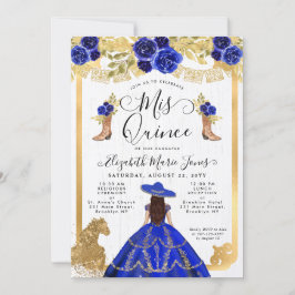 Invitación Floral Royal Blue Gold Horse Charra Quinceanera