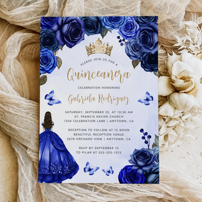 Invitación Floral Royal Blue Gold Quinceañera (Subido por el creador)