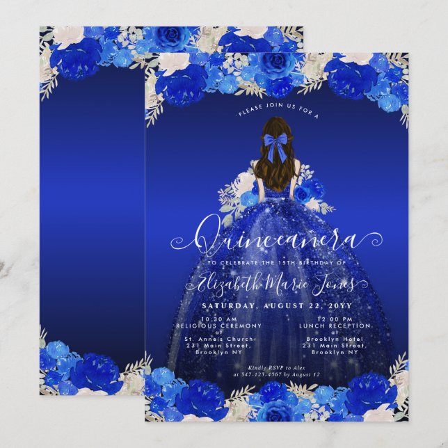 Invitación Floral Royal Blue Princess Vestido Gown Quinceaner (Anverso / Reverso)