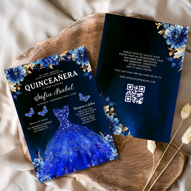 Invitación Floral Royal Blue QR Código Princesa Quinceanera (Subido por el creador)