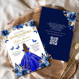 Invitación Floral Royal Blue QR Código Princesa Quinceanera