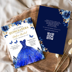Invitación Floral Royal Blue QR Código Princesa Quinceanera