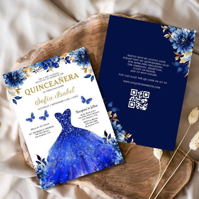 Invitación Floral Royal Blue QR Código Princesa Quinceanera (Subido por el creador)