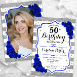 Invitación Floral Royal Blue Silver Foto 50 cumpleaños<br><div class="desc">Elegante, floral, femenina invitación de 50 años con tu foto en la parte trasera de la tarjeta. Diseño azul real y blanco brillante con plata falsa purpurina. Cuenta con rayas, rosas azules de zafiro, fuente de guión y confeti. Perfecto para un elegante fiesta de celebración de cumpleaños. Personaliza con tus...</div>