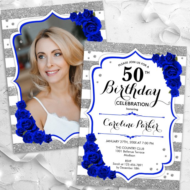 Invitación Floral Royal Blue Silver Foto 50 cumpleaños (Subido por el creador)