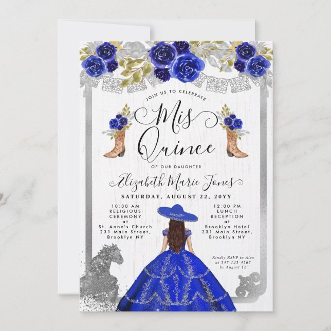 Invitación Floral Royal Blue Silver Horse Charra Quinceanera (Anverso)