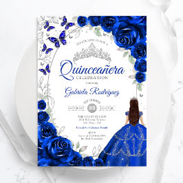 Invitación Floral Royal Blue Silver Quinceanera