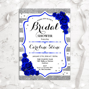 Invitación Floral Royal Blue Silver Stripes Bridal Shower