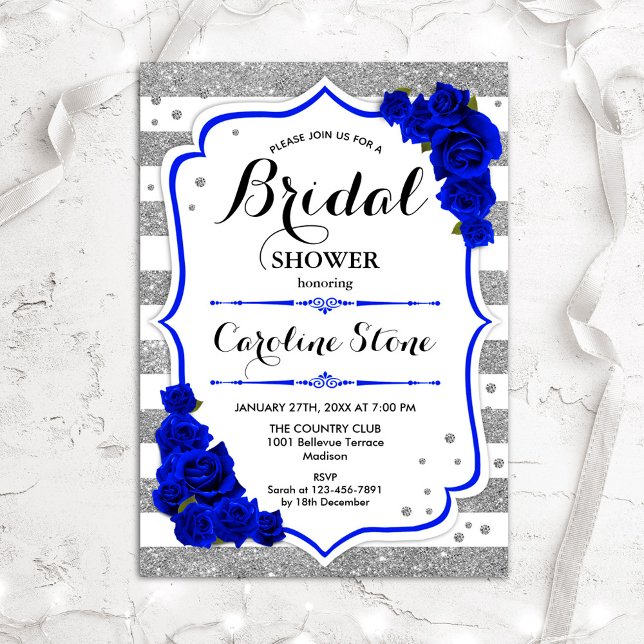 Invitación Floral Royal Blue Silver Stripes Bridal Shower (Subido por el creador)