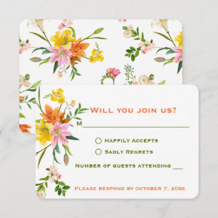 Invitación Floral RSVP Lily Flores Naranja Verde, Rosa