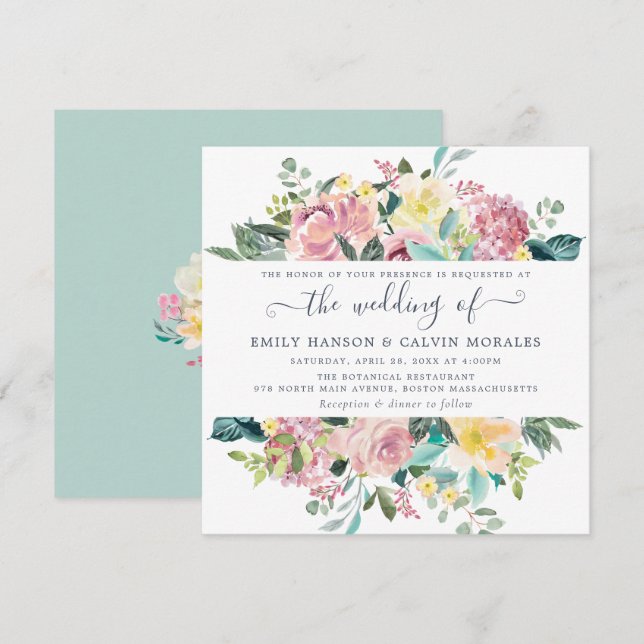 Invitación Floral Rubor amarillo acuarela elegante Boda (Anverso / Reverso)