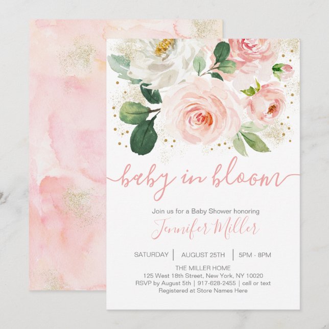 Invitación Floral Rubor Bebé Rosa En Bloom Baby Shower (Anverso / Reverso)