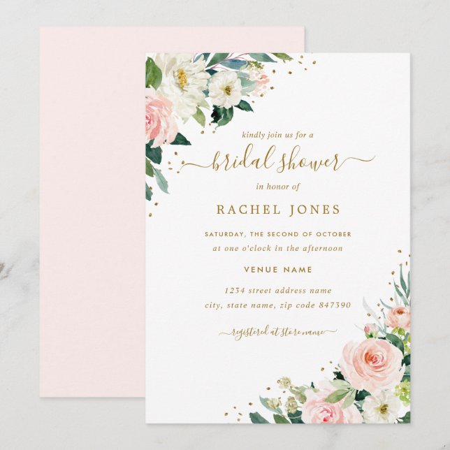 Invitación Floral Rubor Boda de oro rosa ducha de novia (Anverso / Reverso)