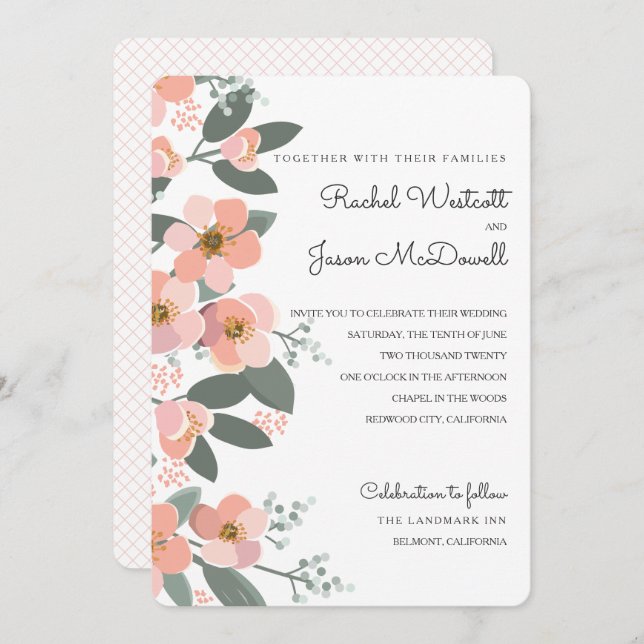Invitación Floral Rubor Boda Suite Pink | Verde (Anverso / Reverso)