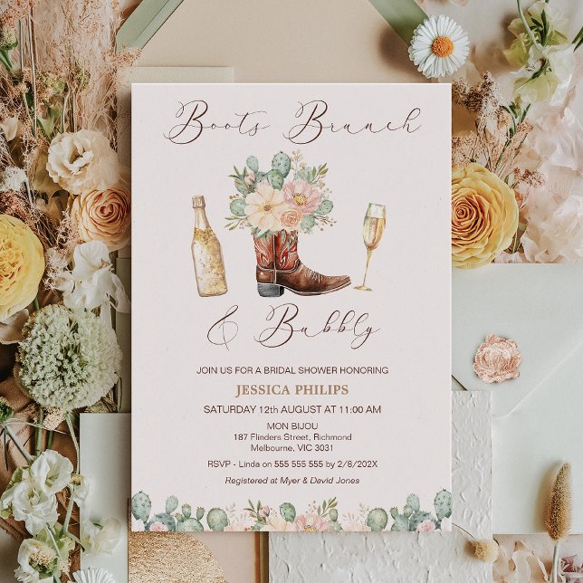 Invitación Floral Rubor Boots Brunch Bubbly Bridal Shower (Boots Brunch and Bubbly Bridal Shower invitation Template, Champagne Bottle Brunch Bridal Shower )