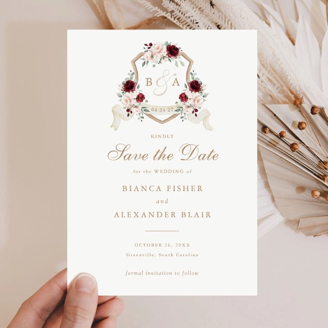 Invitación Floral Rubor Borgoña Escudo Wedding Save the Date (Subido por el creador)