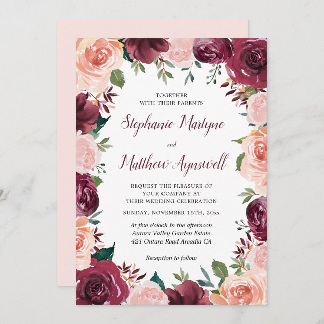 Invitación Floral Rubor Borgoña Rosa Boda fronterizo (Anverso / Reverso)