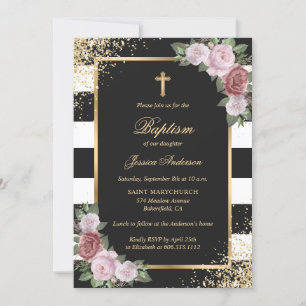 Invitación Floral Rubor Cruz de Oro Rosa Negro Elegante Bauti