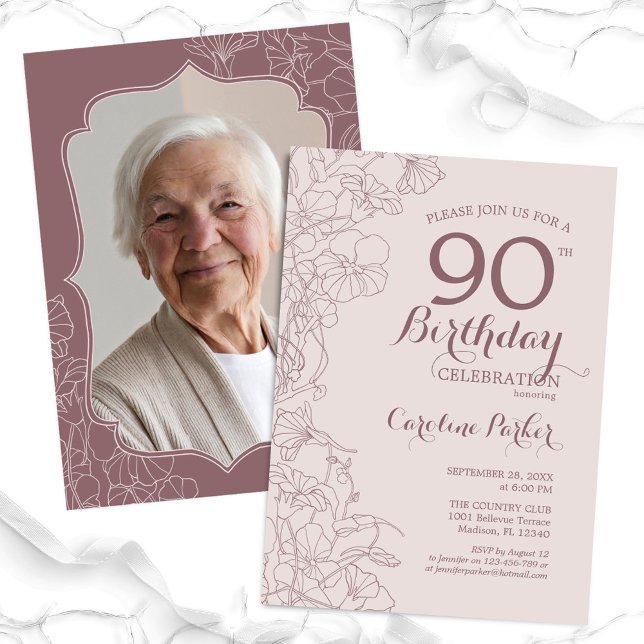 Invitación Floral Rubor Dusty Pink Photo 90th Birthday Party (Subido por el creador)